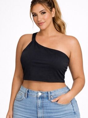 Offline by Aerie Black One-Shoulder Cropped Tank Top